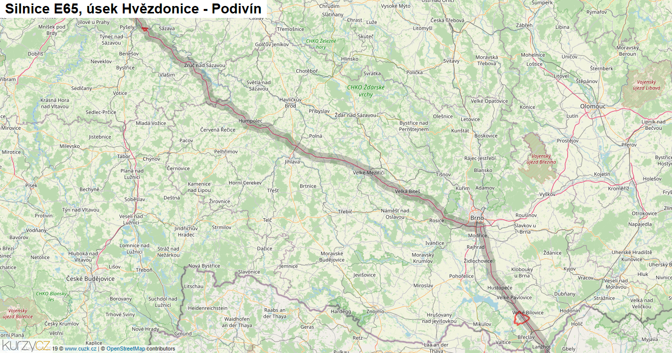 Úsek Hvězdonice - Podivín, Silnice E65 - Mapa