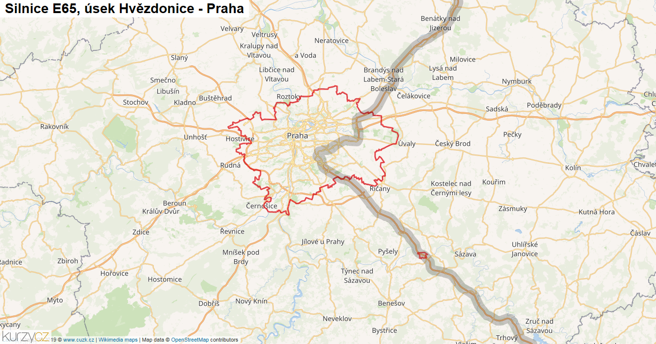Úsek Hvězdonice - Praha, Silnice E65 - Mapa