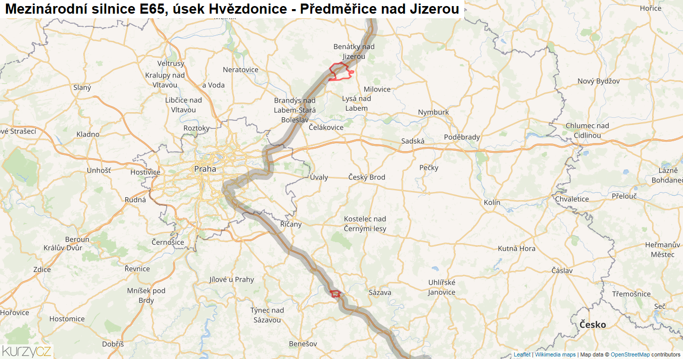 Úsek Hvězdonice - Předměřice nad Jizerou, Silnice E65 - Mapa