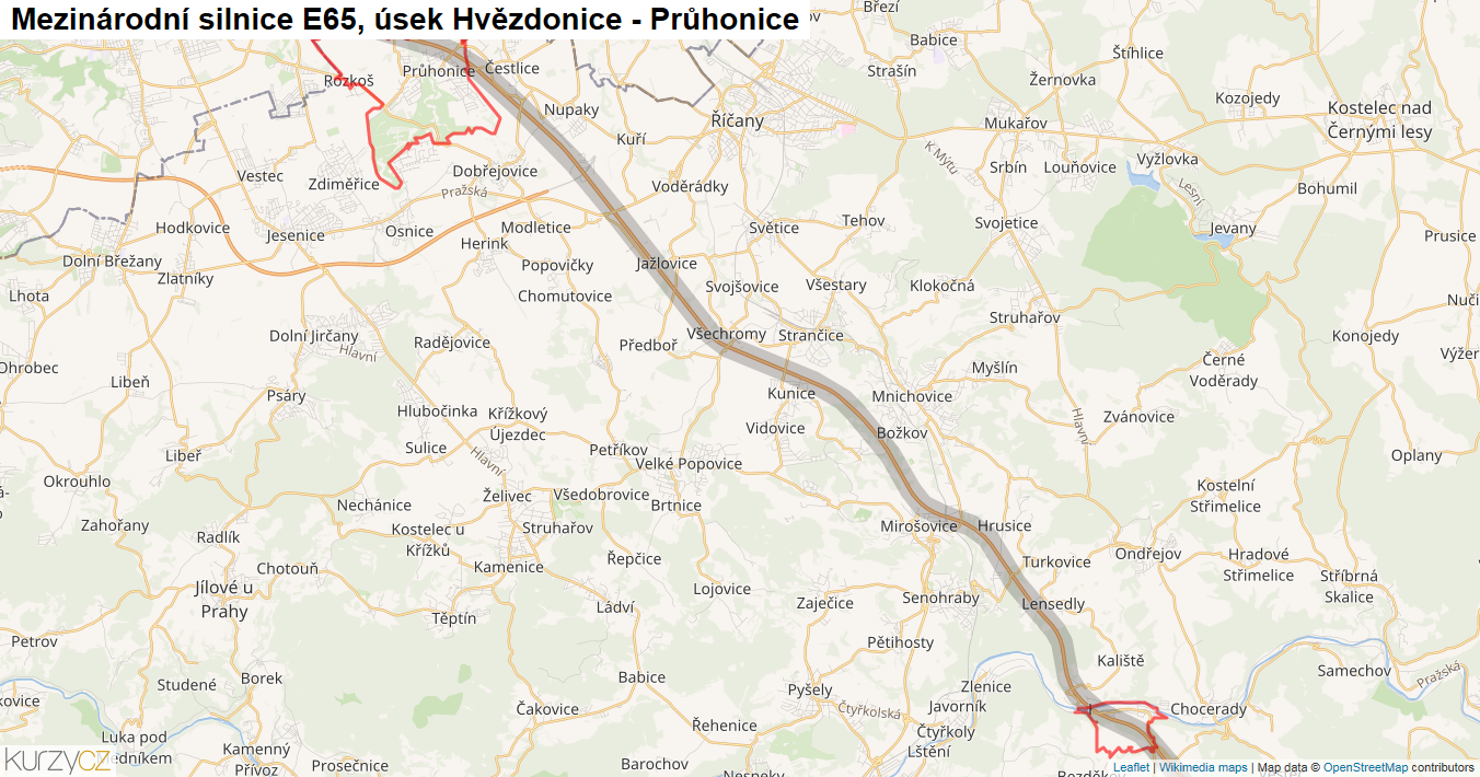 Úsek Hvězdonice - Průhonice, Silnice E65 - Mapa