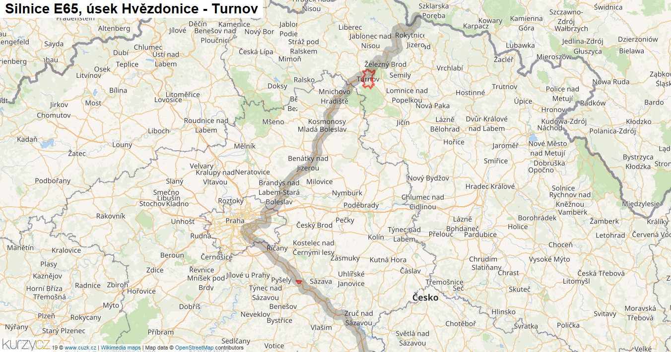 Úsek Hvězdonice - Turnov, Silnice E65 - Mapa