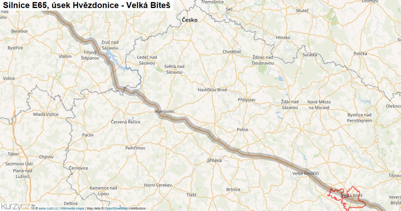 Úsek Hvězdonice - Velká Bíteš, Silnice E65 - Mapa