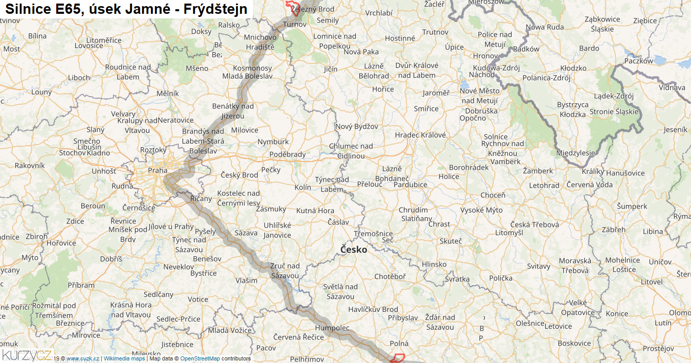 Úsek Jamné - Frýdštejn, Silnice E65 - Mapa