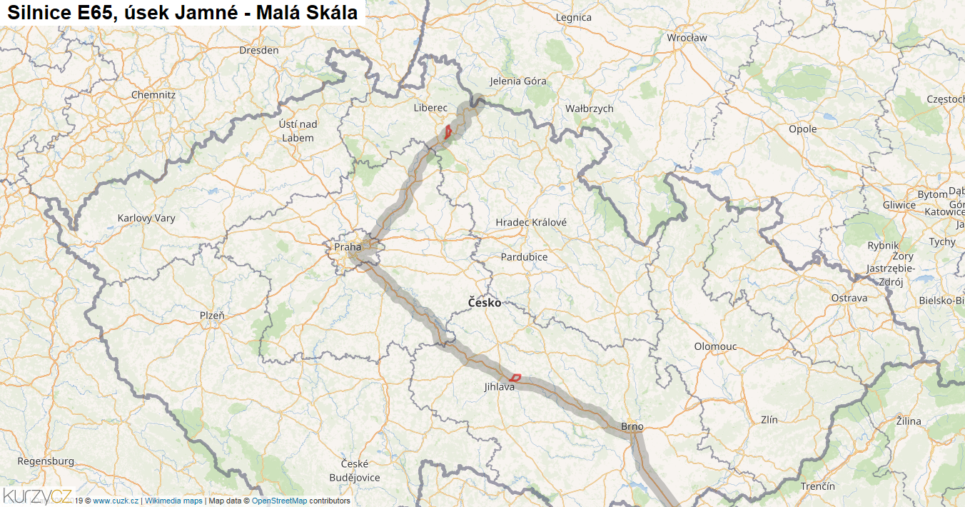 Úsek Jamné - Malá Skála, Silnice E65 - Mapa
