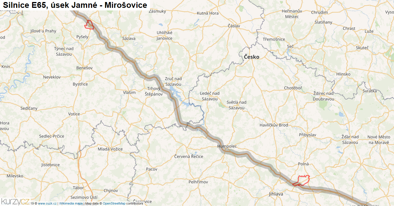 Úsek Jamné - Mirošovice, Silnice E65 - Mapa
