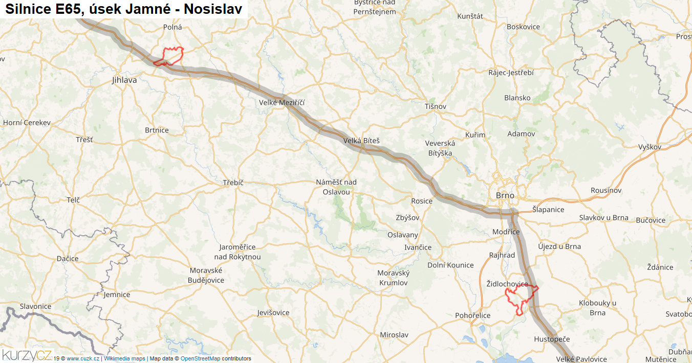 Úsek Jamné - Nosislav, Silnice E65 - Mapa
