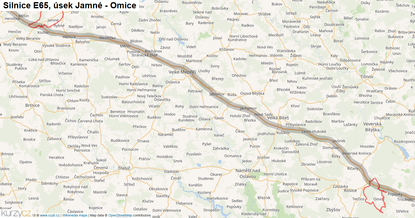 Úsek Jamné - Omice, Silnice E65 - Mapa