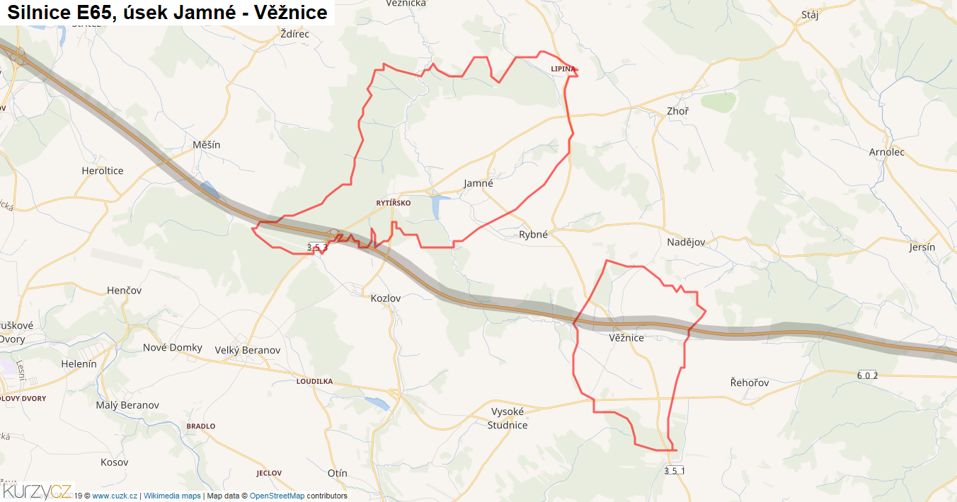 Úsek Jamné - Věžnice, Silnice E65 - Mapa