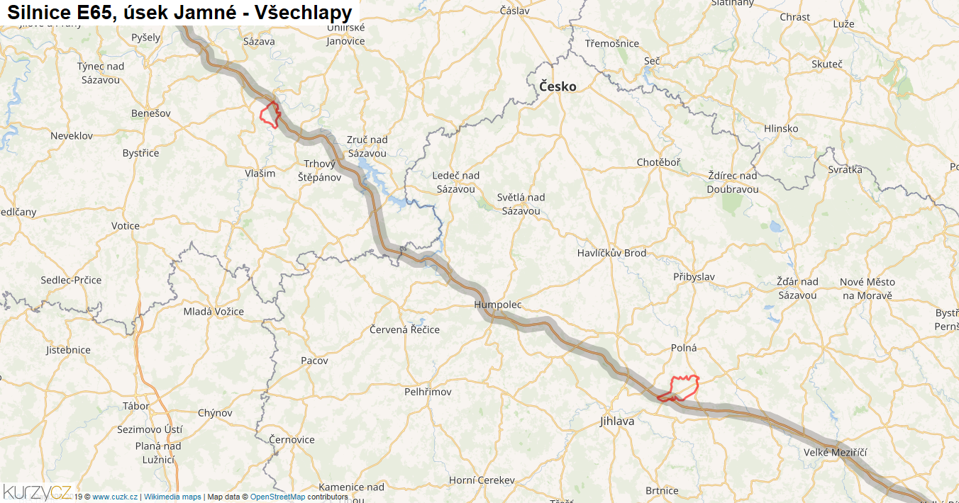 Úsek Jamné - Všechlapy, Silnice E65 - Mapa
