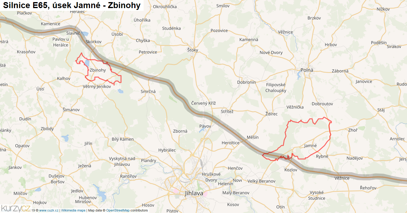Úsek Jamné - Zbinohy, Silnice E65 - Mapa