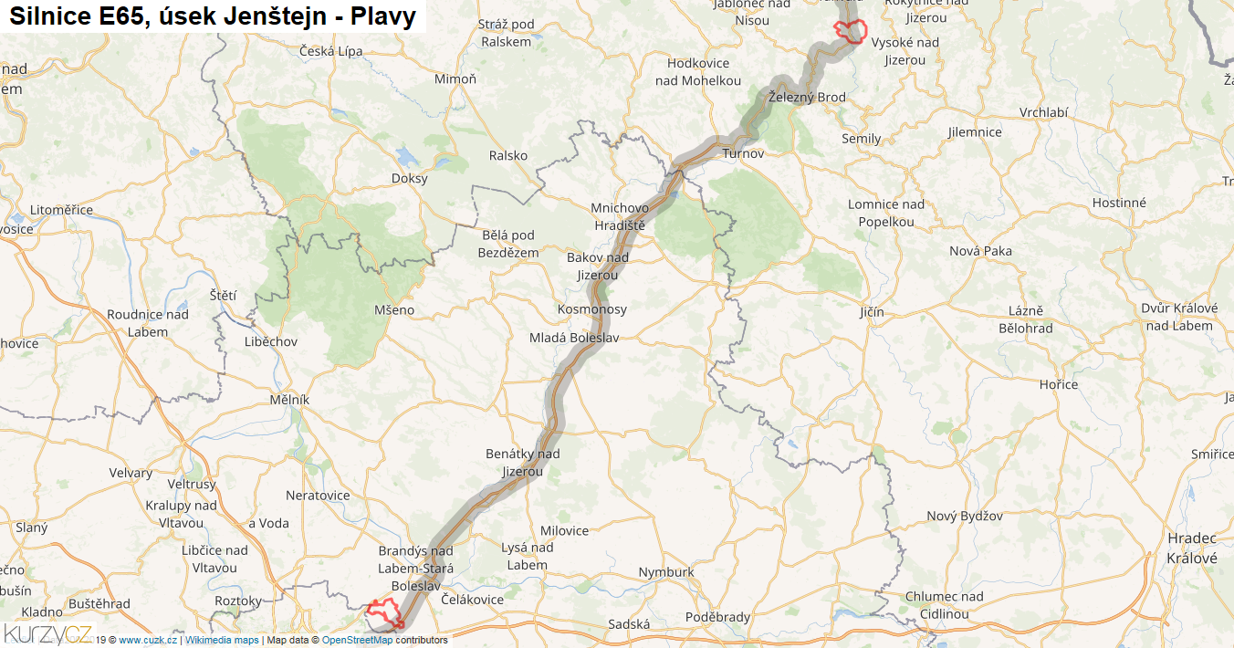 Úsek Jenštejn - Plavy, Silnice E65 - Mapa