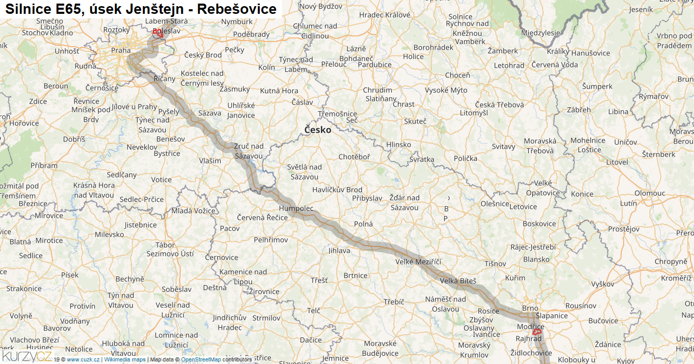 Úsek Jenštejn - Rebešovice, Silnice E65 - Mapa