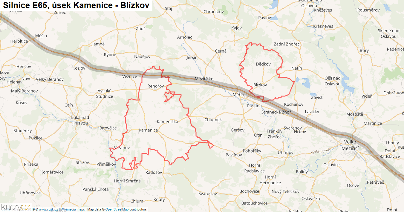 Úsek Kamenice - Blízkov, Silnice E65 - Mapa