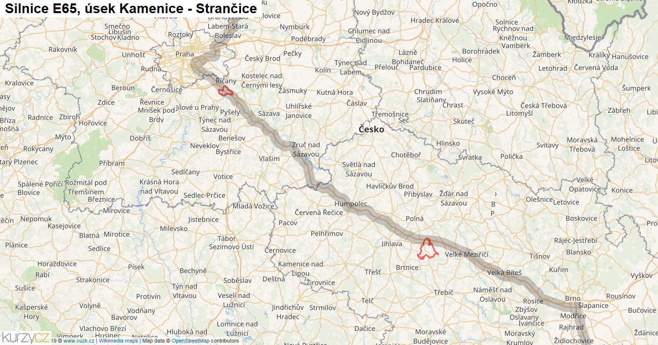 Úsek Kamenice - Strančice, Silnice E65 - Mapa