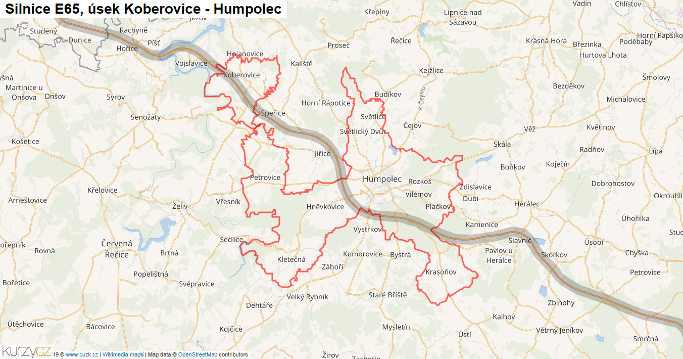 Úsek Koberovice - Humpolec, Silnice E65 - Mapa