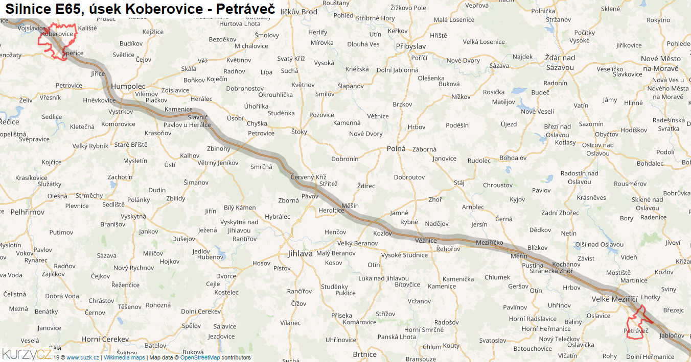 Úsek Koberovice - Petráveč, Silnice E65 - Mapa