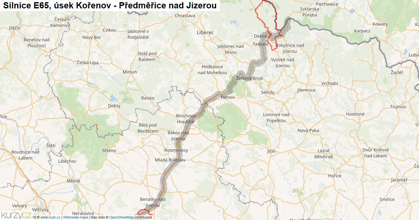 Úsek Kořenov - Předměřice nad Jizerou, Silnice E65 - Mapa