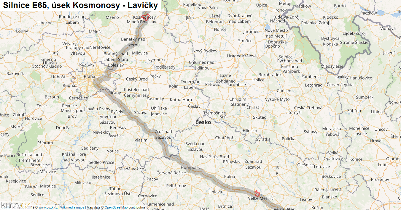Úsek Kosmonosy - Lavičky, Silnice E65 - Mapa