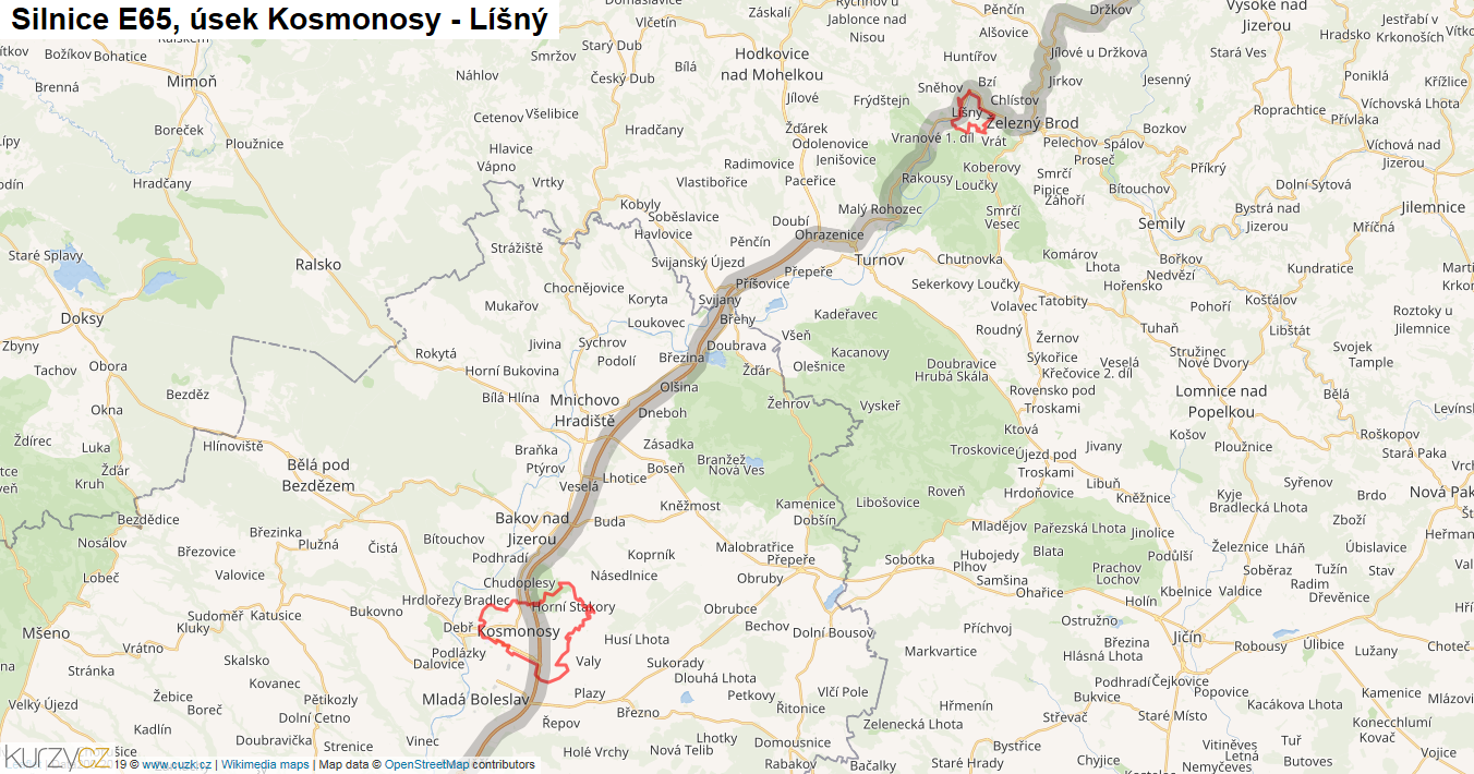 Úsek Kosmonosy - Líšný, Silnice E65 - Mapa