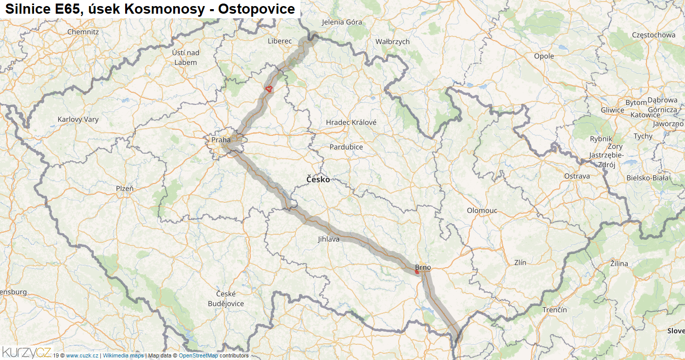 Úsek Kosmonosy - Ostopovice, Silnice E65 - Mapa