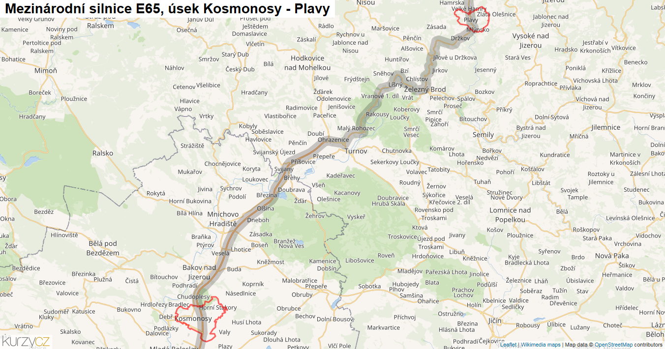 Úsek Kosmonosy - Plavy, Silnice E65 - Mapa
