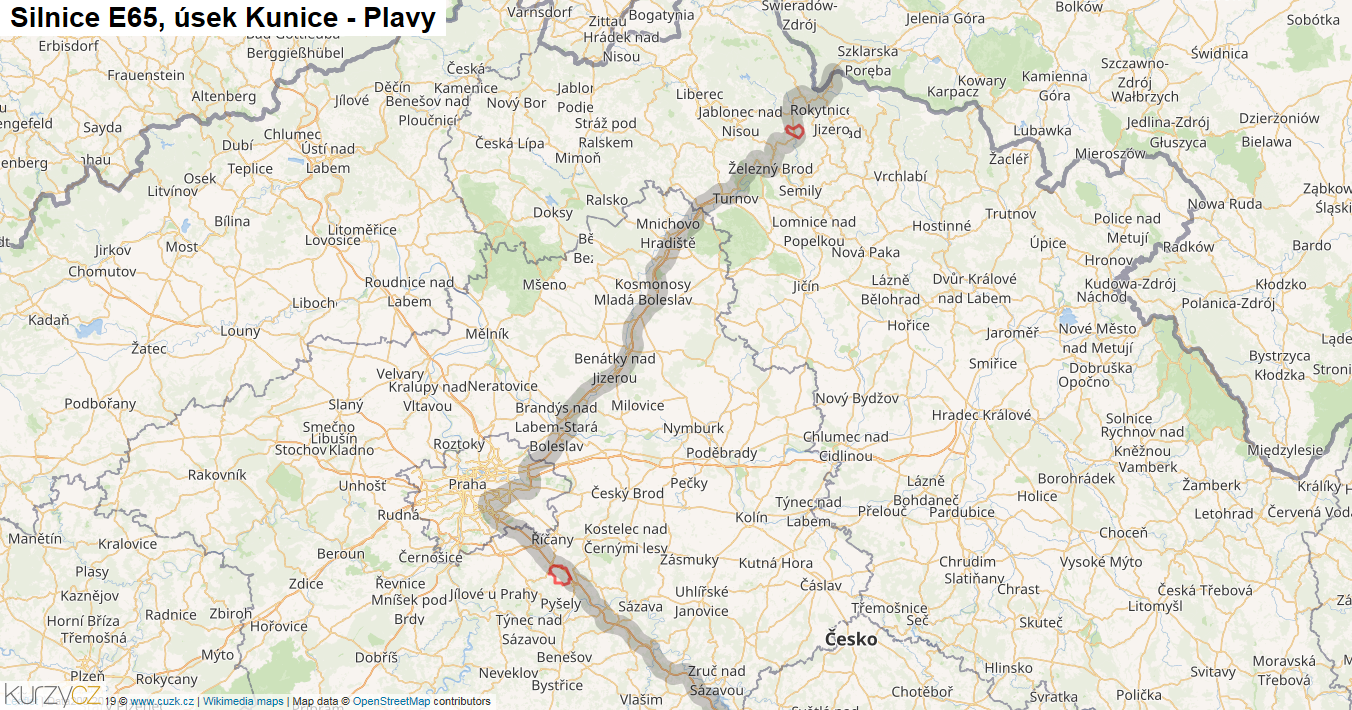 Úsek Kunice - Plavy, Silnice E65 - Mapa