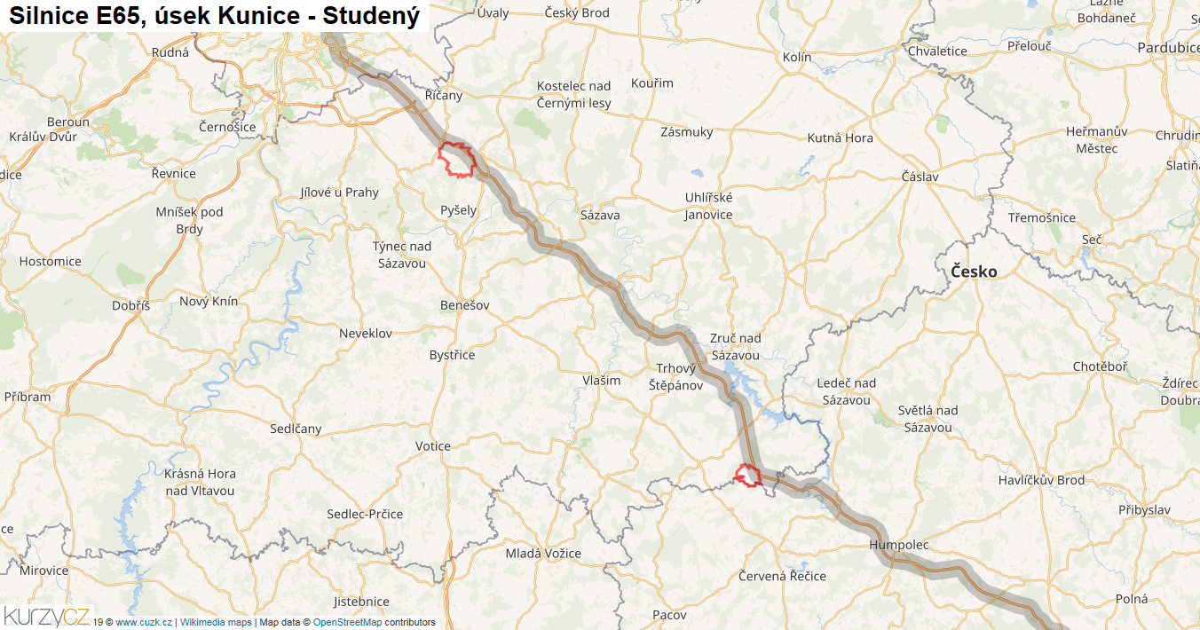 Úsek Kunice - Studený, Silnice E65 - Mapa
