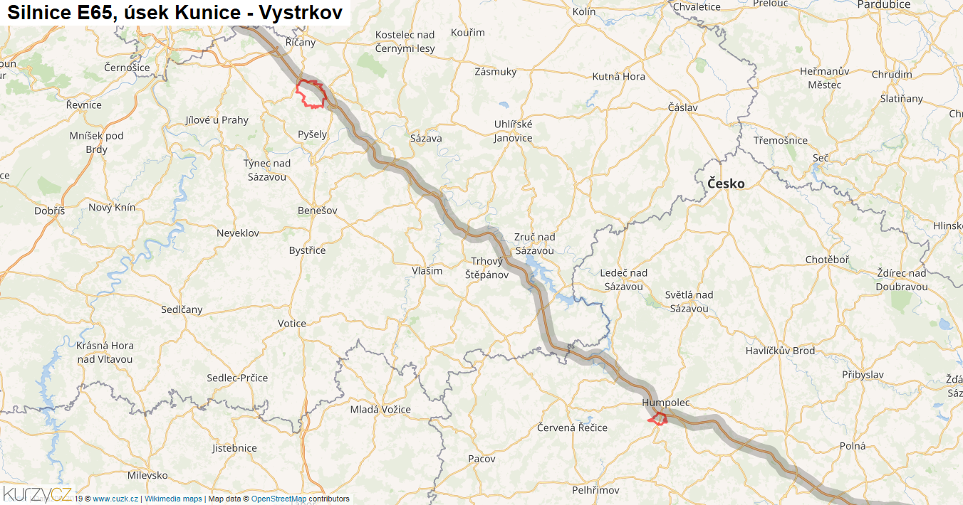 Úsek Kunice - Vystrkov, Silnice E65 - Mapa