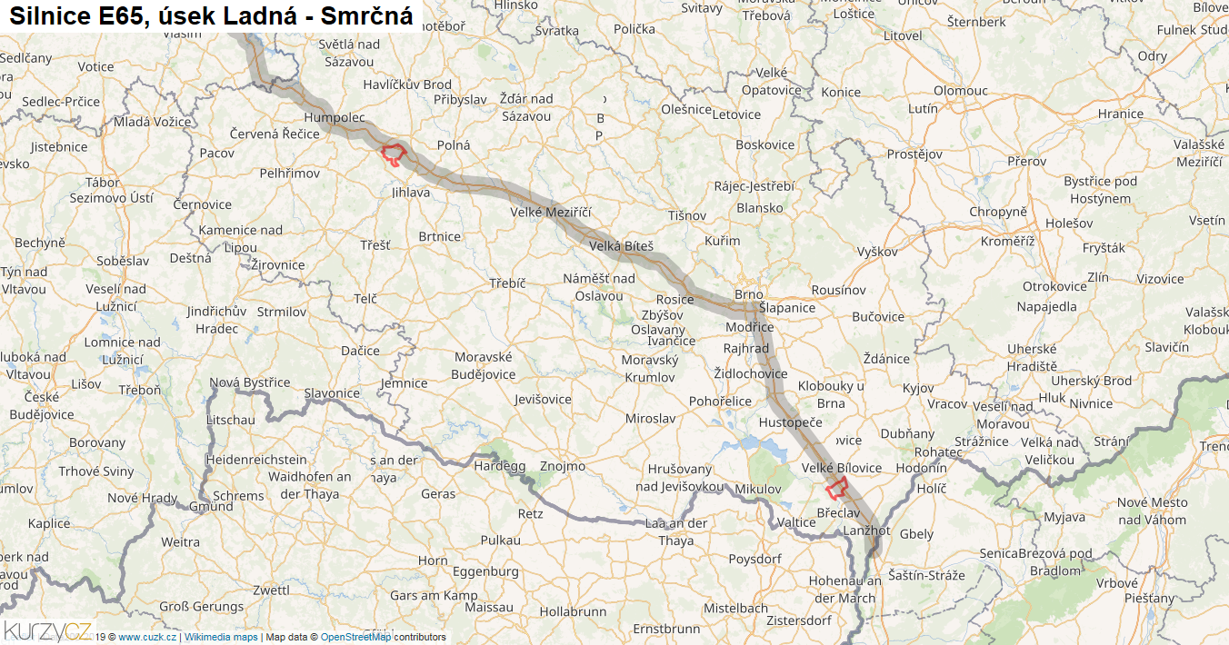 Úsek Ladná - Smrčná, Silnice E65 - Mapa