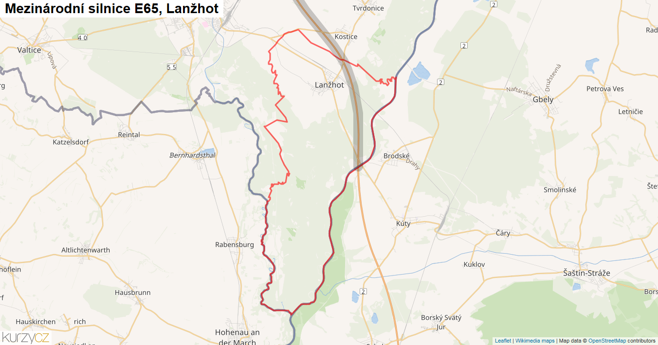 Lanžhot, Silnice E65 - Mapa