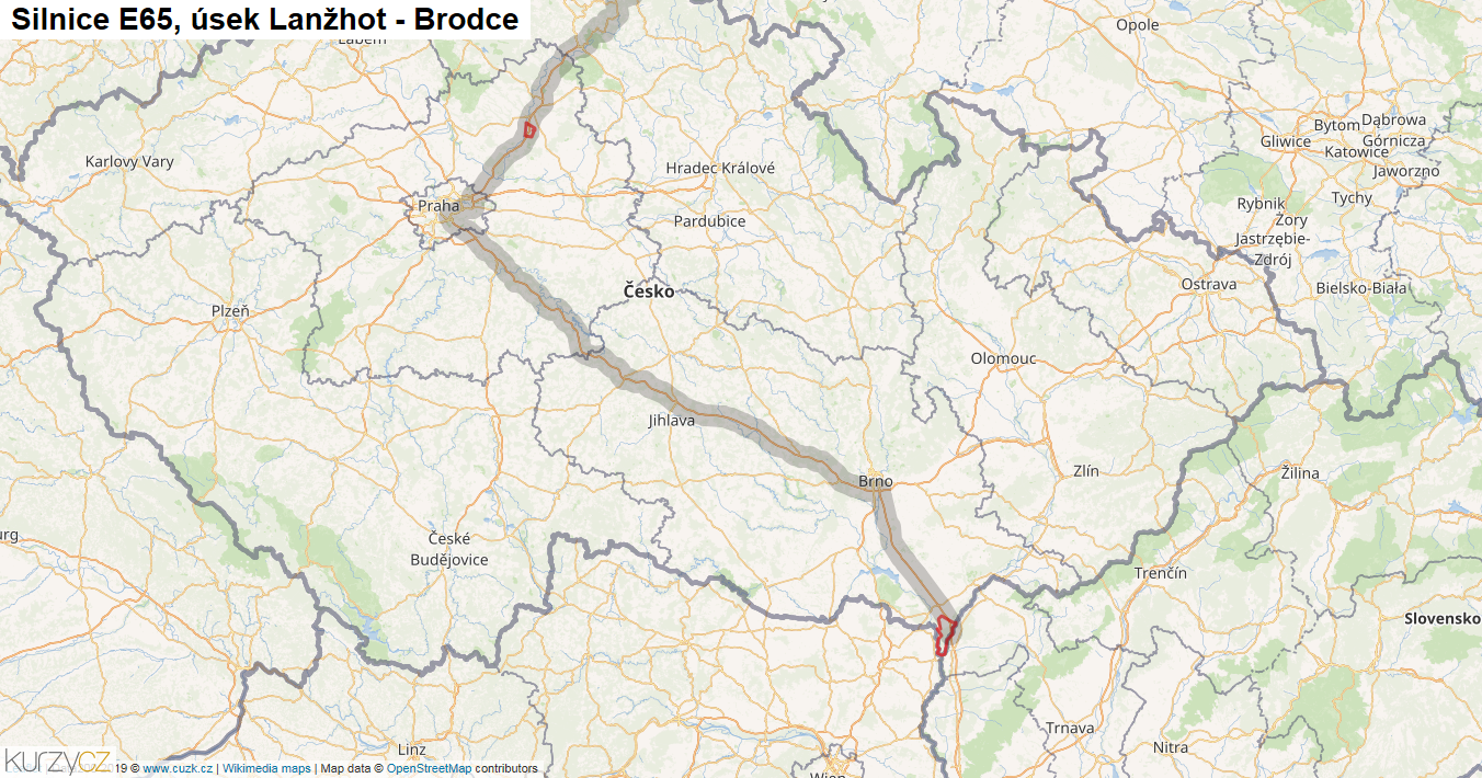 Úsek Lanžhot - Brodce, Silnice E65 - Mapa