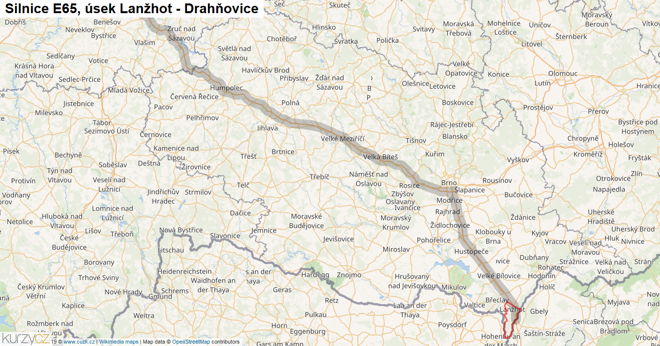 Úsek Lanžhot - Drahňovice, Silnice E65 - Mapa