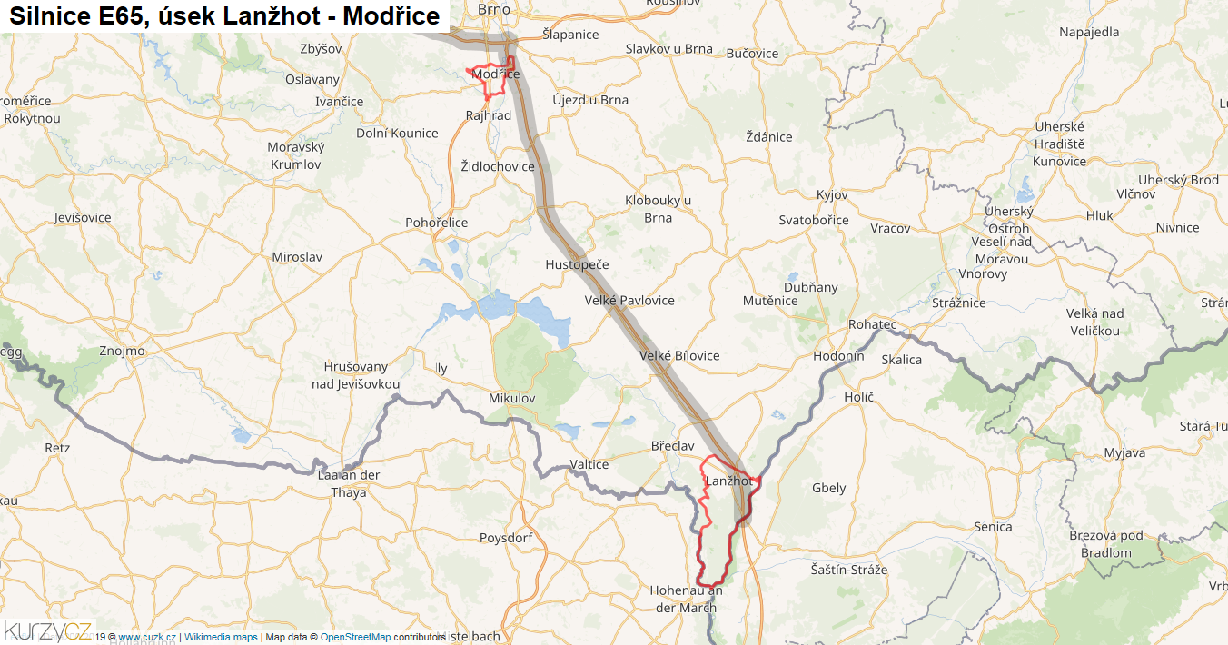 Úsek Lanžhot - Modřice, Silnice E65 - Mapa