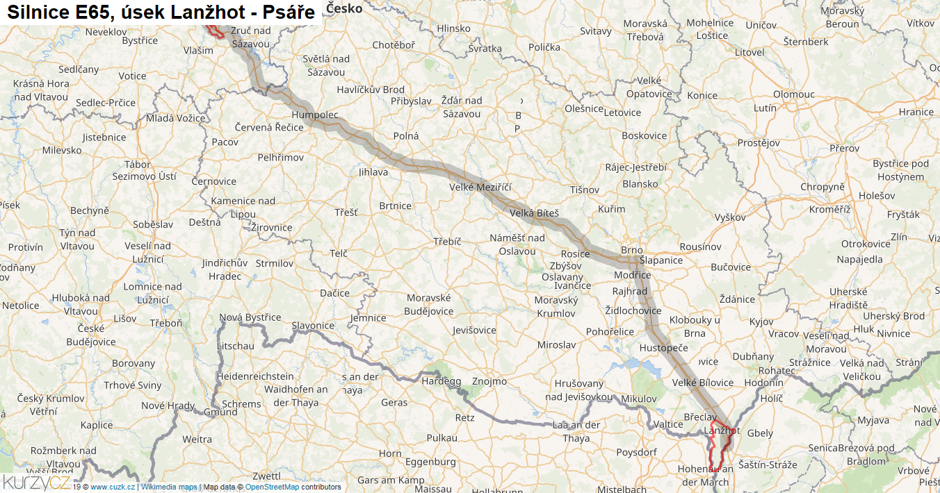 Úsek Lanžhot - Psáře, Silnice E65 - Mapa