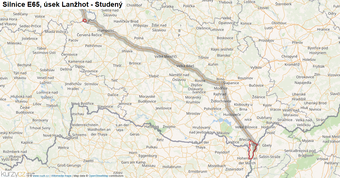 Úsek Lanžhot - Studený, Silnice E65 - Mapa