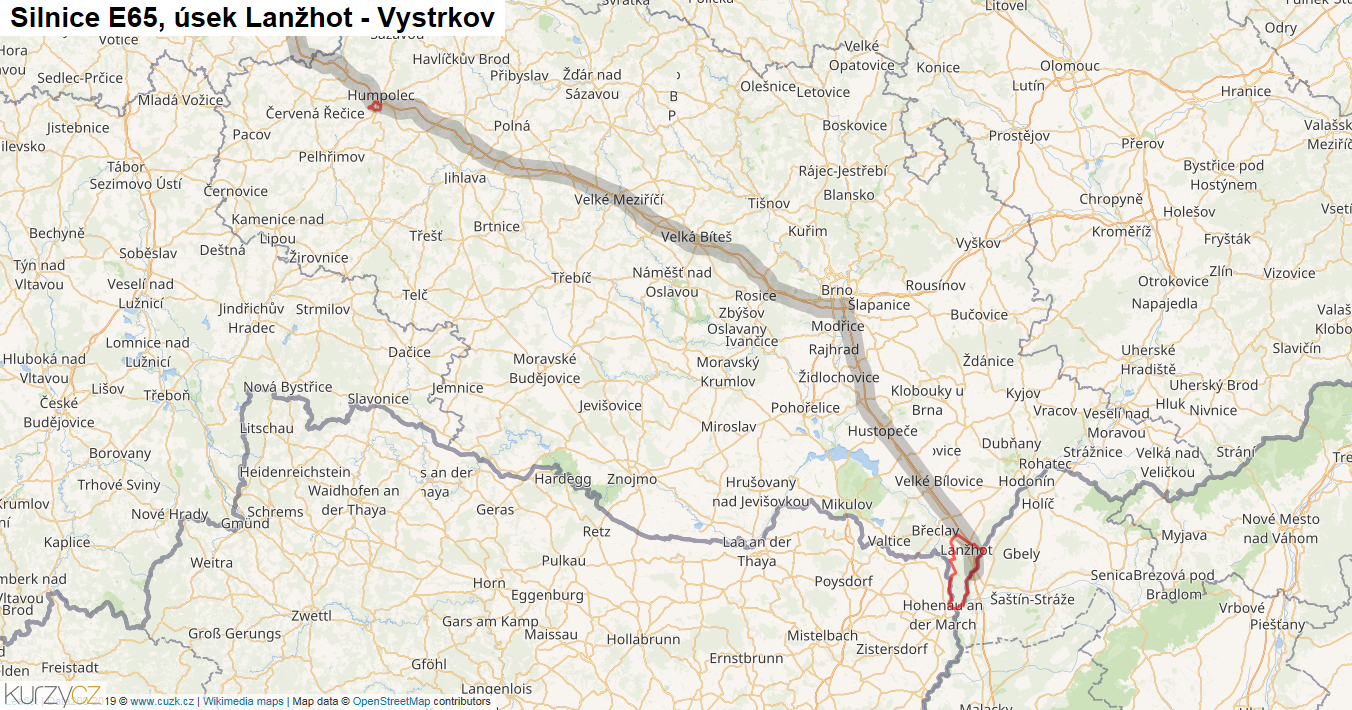 Úsek Lanžhot - Vystrkov, Silnice E65 - Mapa