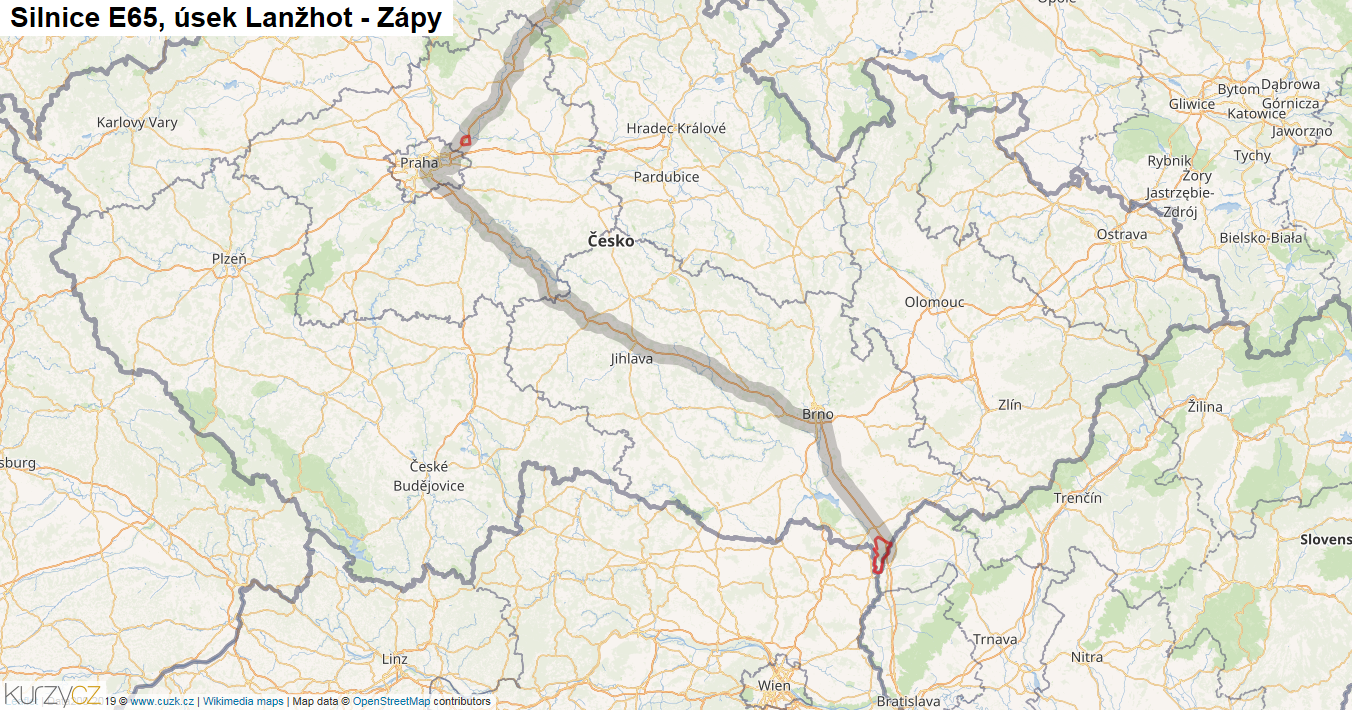 Úsek Lanžhot - Zápy, Silnice E65 - Mapa