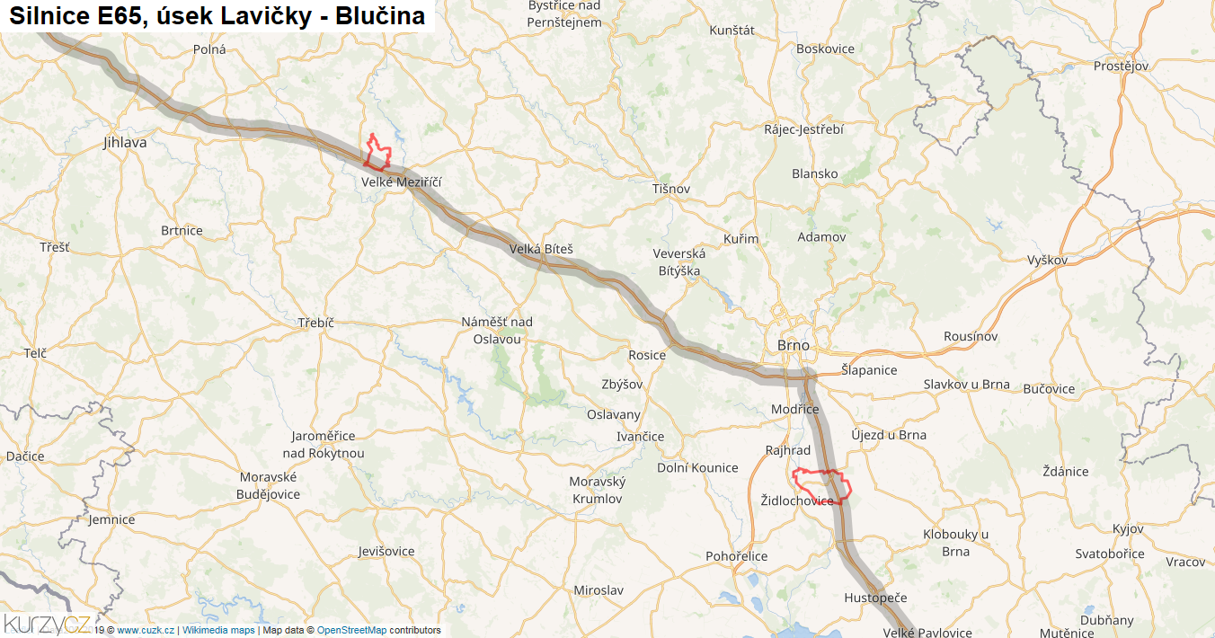 Úsek Lavičky - Blučina, Silnice E65 - Mapa