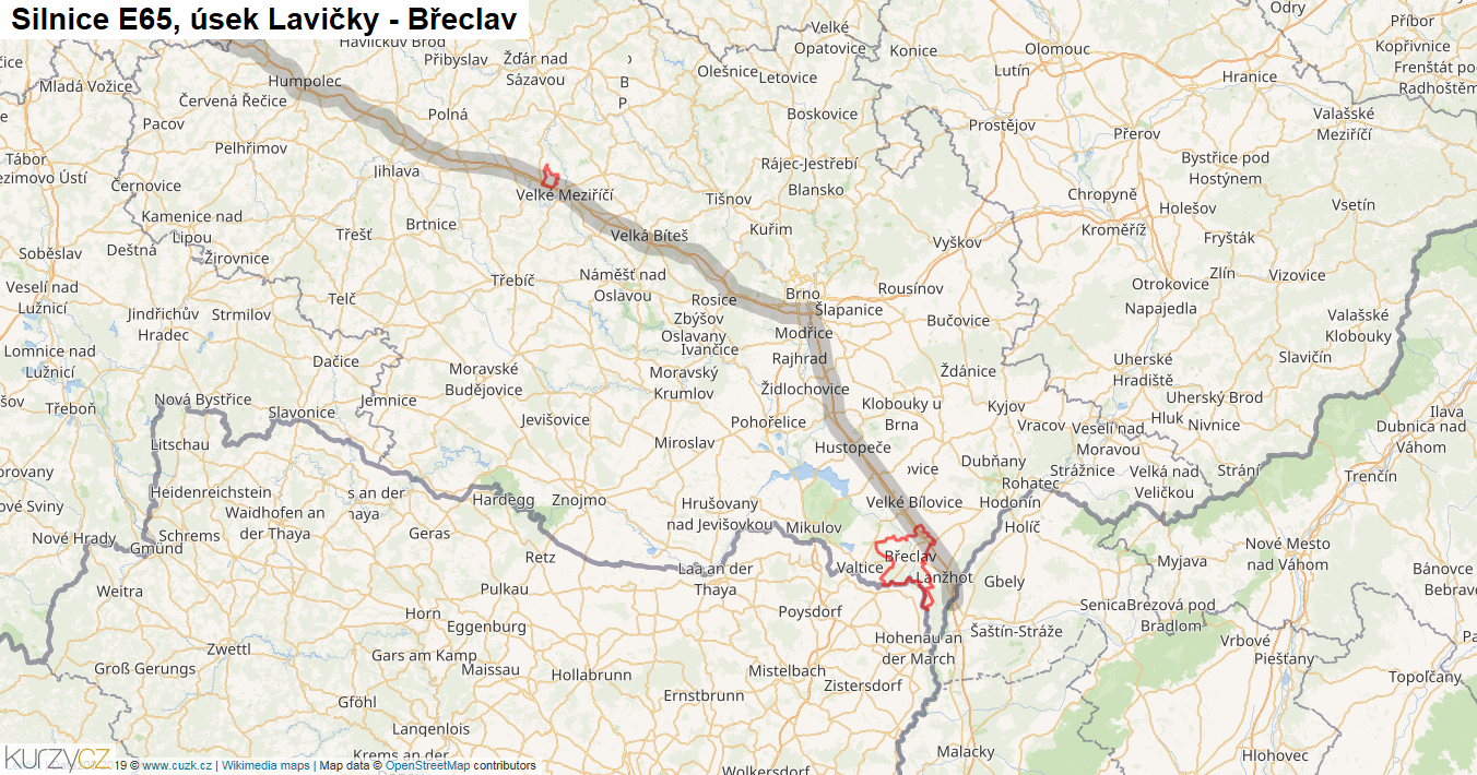 Úsek Lavičky - Břeclav, Silnice E65 - Mapa