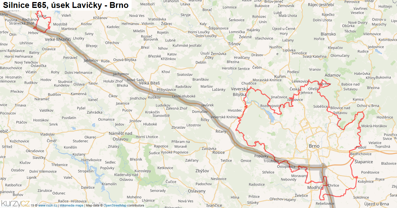 Úsek Lavičky - Brno, Silnice E65 - Mapa