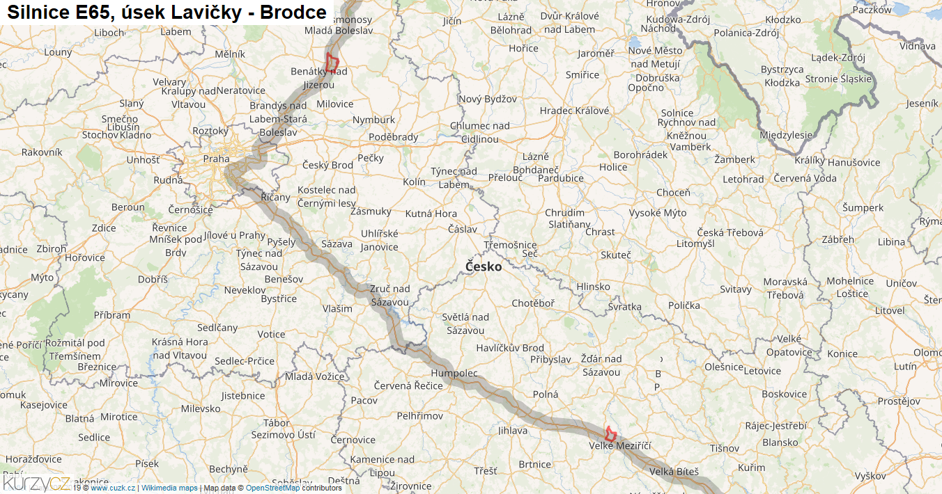 Úsek Lavičky - Brodce, Silnice E65 - Mapa