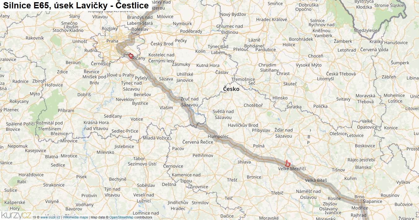 Úsek Lavičky - Čestlice, Silnice E65 - Mapa