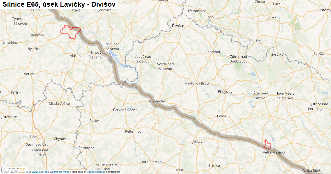 Úsek Lavičky - Divišov, Silnice E65 - Mapa