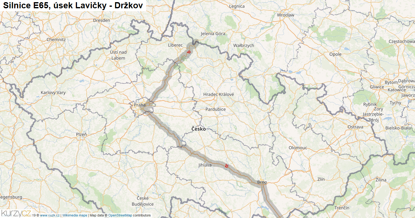 Úsek Lavičky - Držkov, Silnice E65 - Mapa