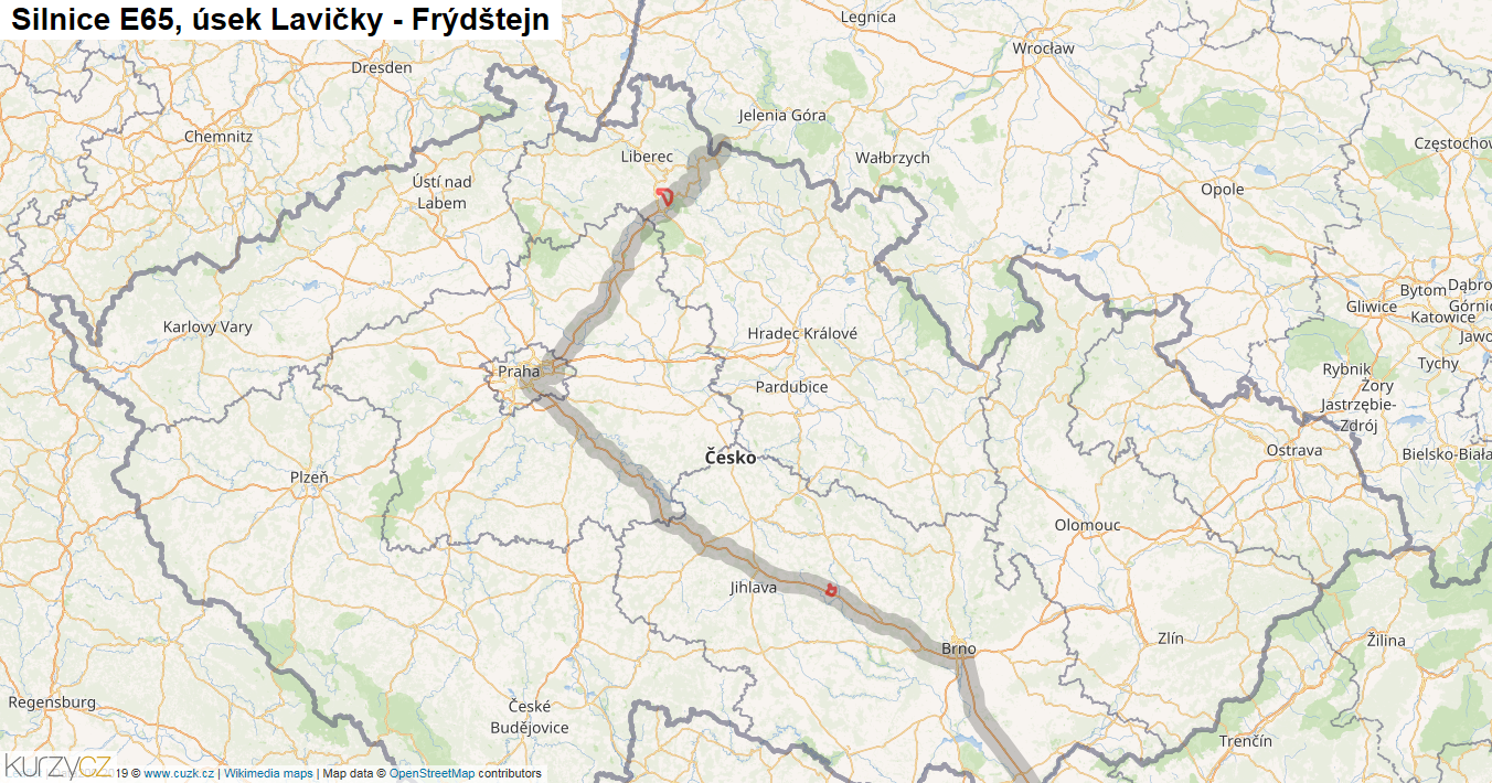 Úsek Lavičky - Frýdštejn, Silnice E65 - Mapa