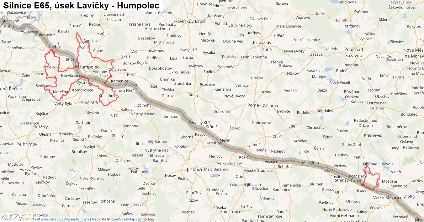 Úsek Lavičky - Humpolec, Silnice E65 - Mapa