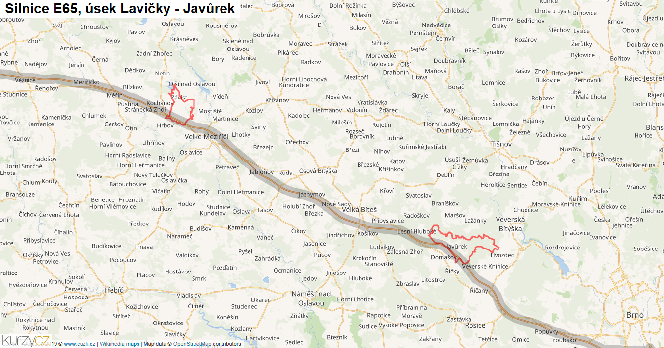 Úsek Lavičky - Javůrek, Silnice E65 - Mapa