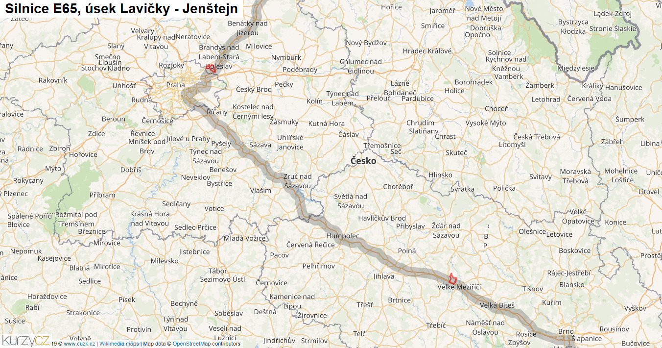 Úsek Lavičky - Jenštejn, Silnice E65 - Mapa