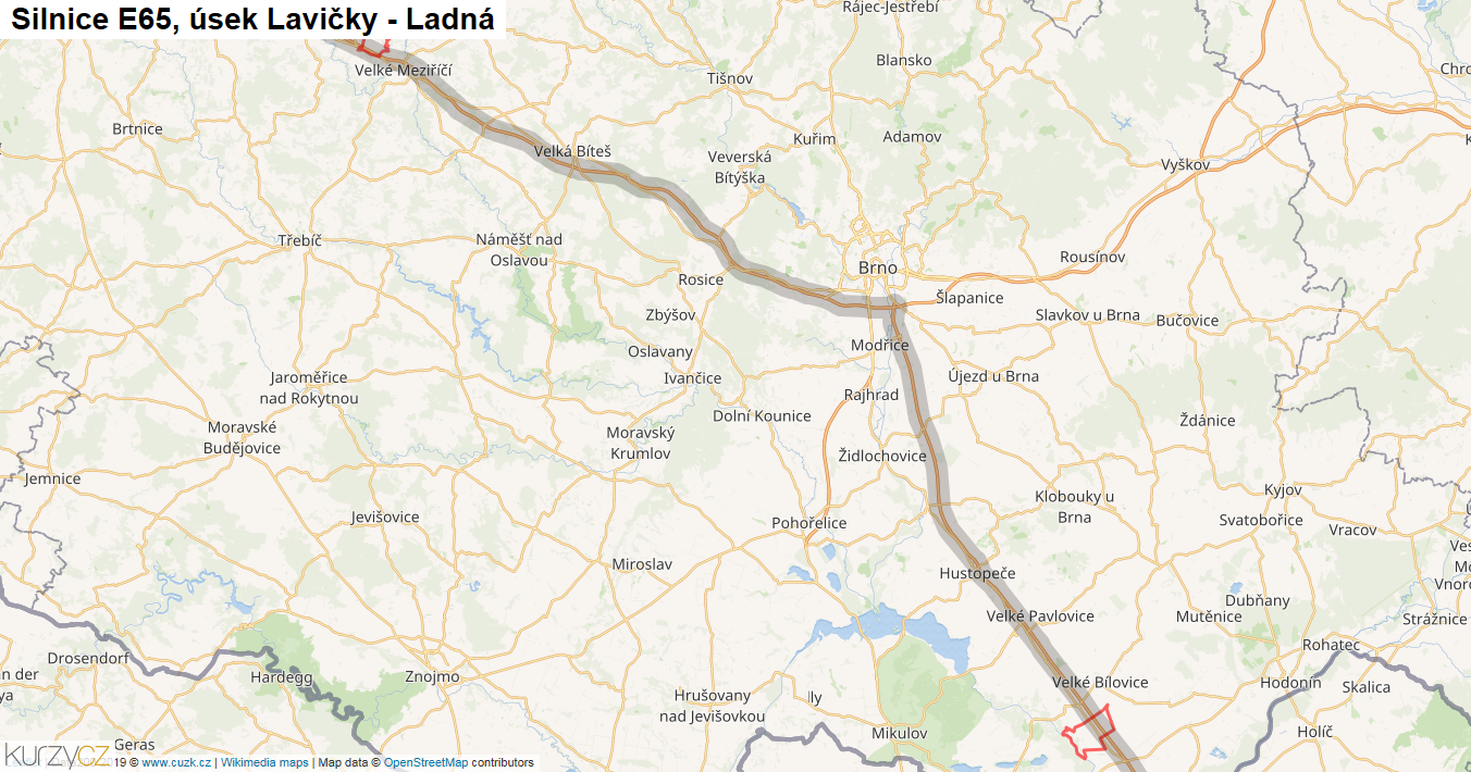Úsek Lavičky - Ladná, Silnice E65 - Mapa