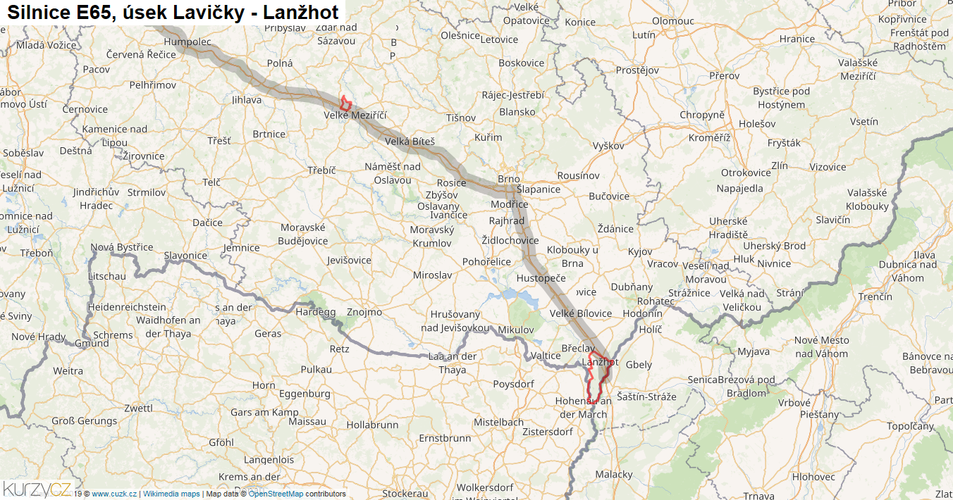 Úsek Lavičky - Lanžhot, Silnice E65 - Mapa